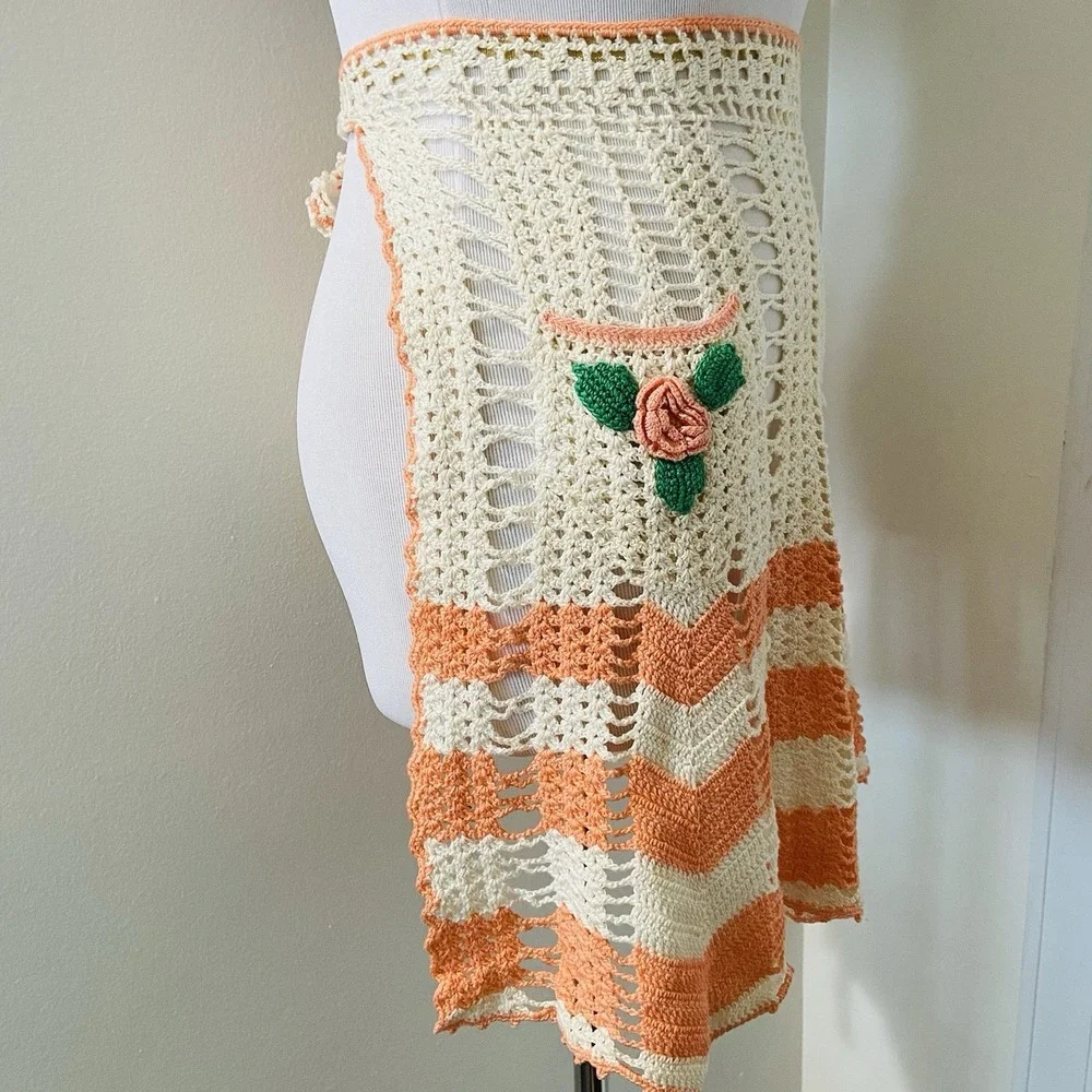 Vintage Orange Cream Floral Crochet Handmade Waist Half Apron Stripes Cafe Diner